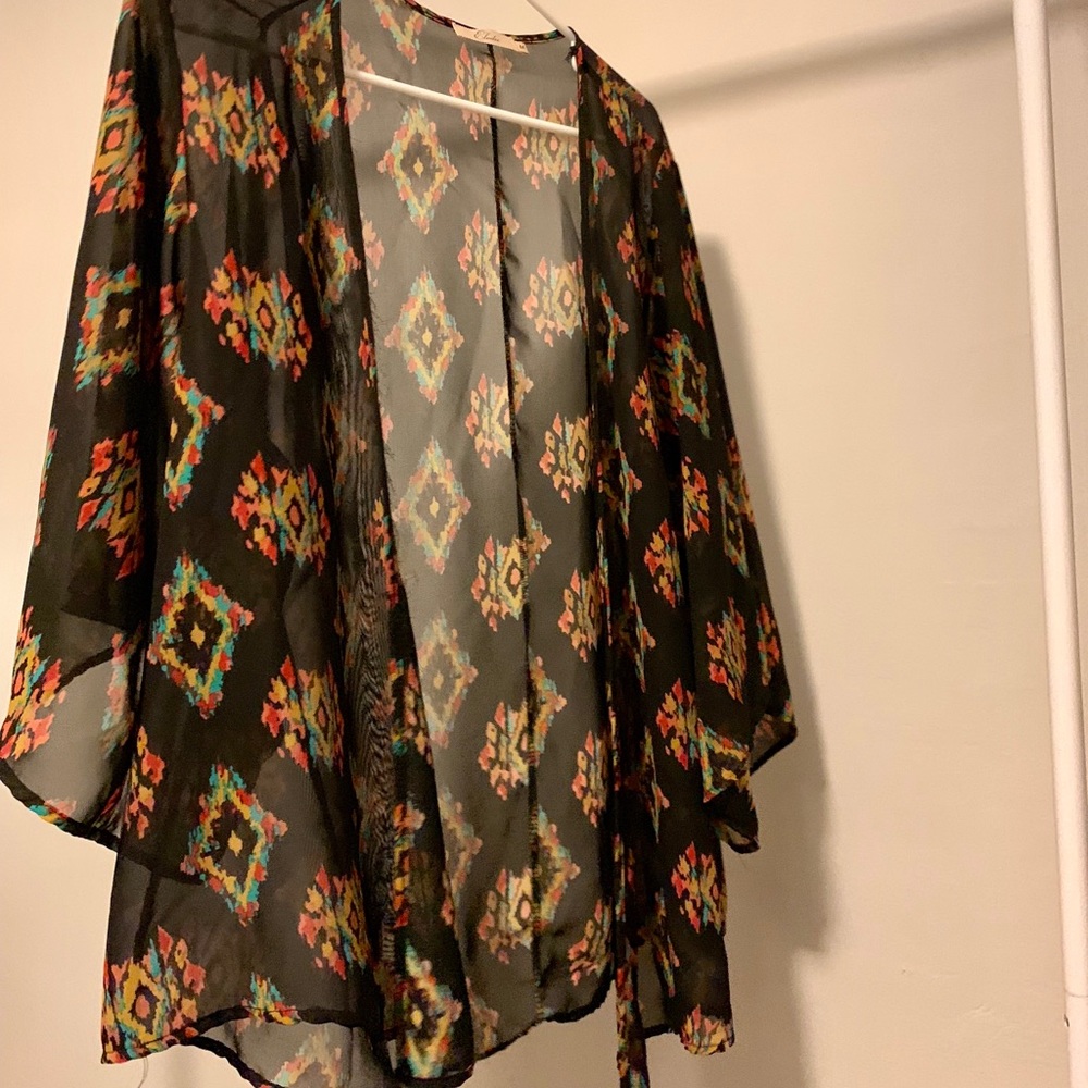Semi-sheer patterned black kimono